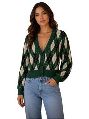 Staud Knave Cardigan in Green Cypress Argyle - Size S